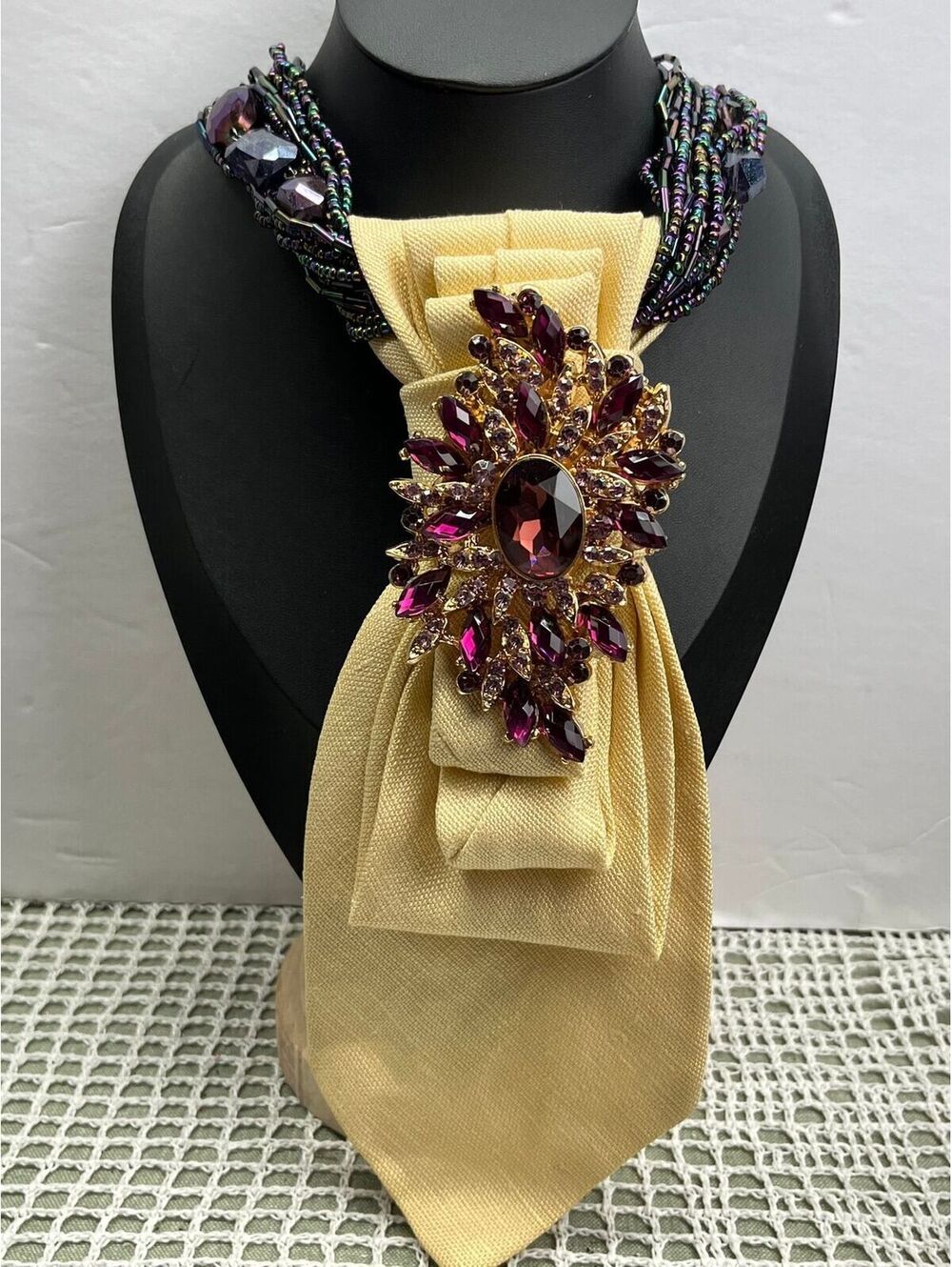 #531 Neck Tie Necklace Yellow & Purple Bold Statement Brooch Stunning!